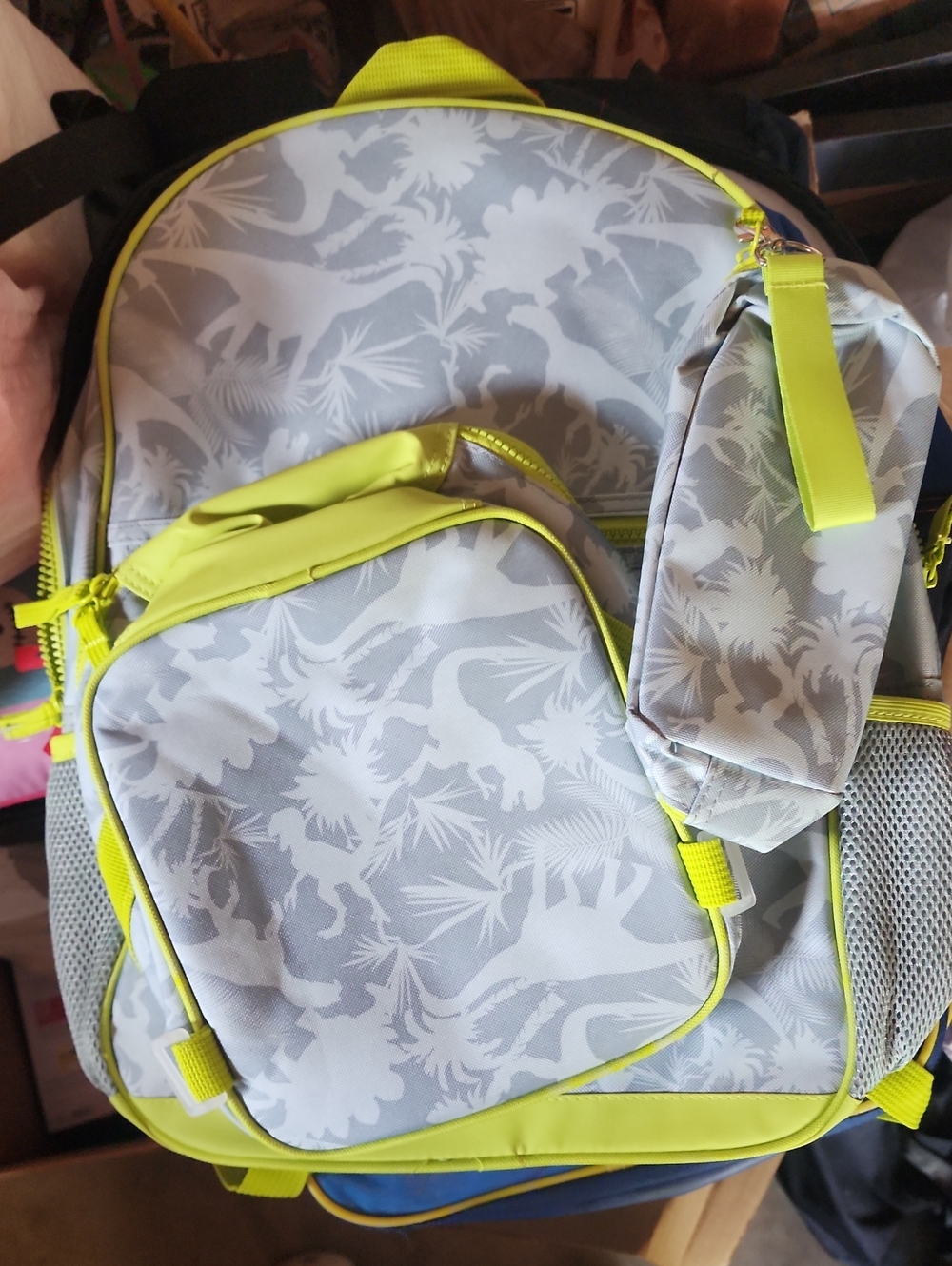 Kids Neon Yellow Trim Gray Dino Print Backpack lunchbox pencil pouch - Unbranded